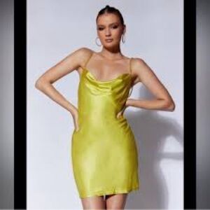 💥SOLD💥
Meshki Vibrant Yellow Chartreuse Satin Feel mini dress, rhinestone halter